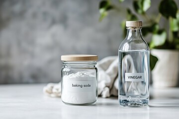 Baking soda and bottle of white vinegar on the table with cotton towel and green potted plant on background with copy space on the left.