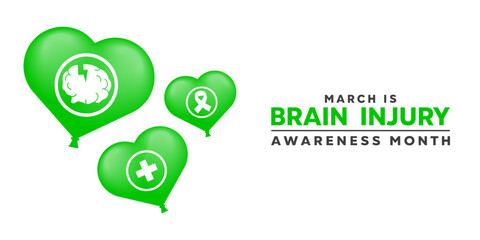 March Is Brain Injury Awareness Month. Brain, ribbon, plus icon and heart. Great for cards, banners, posters, social media and more. White background.