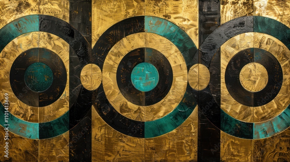 Poster abstract artwork featuring circular patterns and contrasting colors.