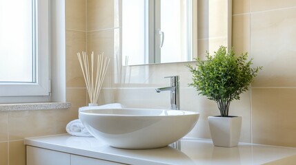 Fototapeta premium modern bathroom with single sink, light decor, large mirror, indoor lighting, minimalist style,