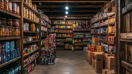 Fototapeta premium Rustic pantry shelves stocked with jars and packaged goods