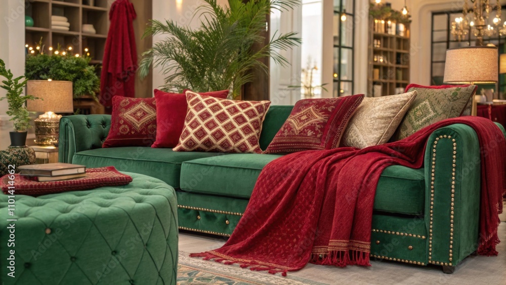 Poster plush seating in rich hues of emerald green and ruby red harmonizes beautifully with an array of dec