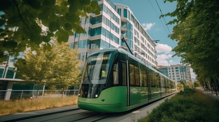 Obraz premium Eco-Friendly Tram Rolling Through Modern Cityscape