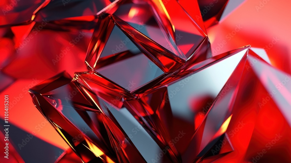 Poster a close-up of red crystal-like structures reflecting light.