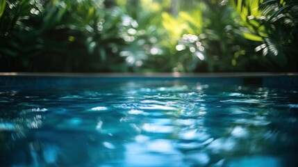 Blue pool water with green plants in background, peaceful vibe, natural daylight,