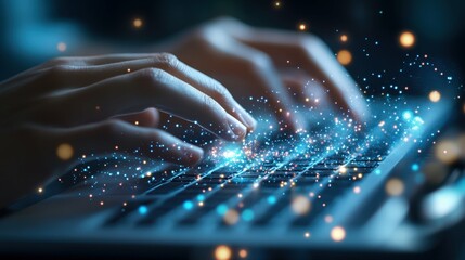 Hands typing on keyboard with digital medical icons overlay, abstract blue background, professional technology concept, studio lighting,