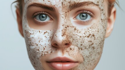 Obraz premium A close-up of a woman's face with half covered in a cleansing mask and the other half in an exfoliating scrub, emphasizing the benefits of skincare treatments. Perfect for beauty, skincare, and