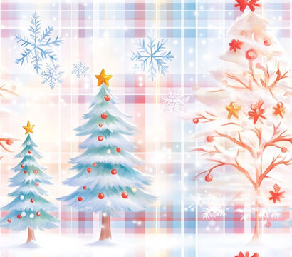 Seamless Tumbler Wrap size 20 oz, 9.3x8.2" 300Dpi PNG, A whimsical winter scene featuring colorful Christmas trees, snowflakes, and festive elements on a soft, patterned background.