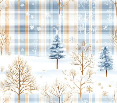 Seamless Tumbler Wrap size 20 oz, 9.3x8.2" 300Dpi PNG, A serene winter landscape featuring blue plaid patterns, snow-laden trees, and delicate snowflakes, creating a cozy, seasonal atmosphere.