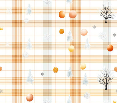 Seamless Tumbler Wrap size 20 oz, 9.3x8.2" 300Dpi PNG, A patterned background featuring a plaid design with seasonal elements like trees, snowflakes, and colorful circular shapes.
