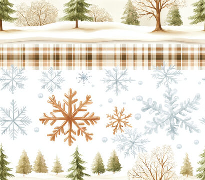 Seamless Tumbler Wrap size 20 oz, 9.3x8.2" 300Dpi PNG, A serene winter landscape featuring snowflakes, trees, and a plaid pattern, creating a cozy seasonal atmosphere.