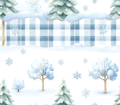Seamless Tumbler Wrap size 20 oz, 9.3x8.2" 300Dpi PNG, A whimsical winter pattern featuring snowy trees, snowflakes, and a blue plaid design, evoking a cozy, festive atmosphere.