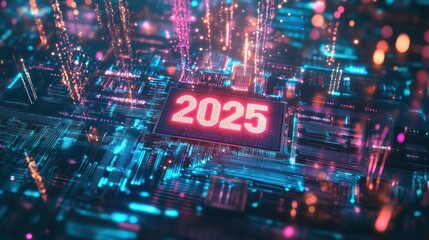 Obraz premium A high-tech circuit board transforming into glowing fireworks with 