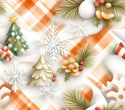 Seamless Tumbler  size 20 oz, 9.3x8.2" 300Dpi PNG, A festive pattern featuring Christmas trees, snowflakes, ornaments, and gifts on a warm plaid background, evoking holiday cheer and seasonal spirit.
