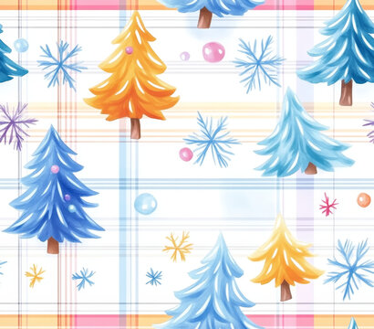 Seamless Tumbler Wrap size 20 oz, 9.3x8.2" 300Dpi PNG, A whimsical winter pattern featuring colorful trees and snowflakes on a light plaid background, perfect for holiday-themed designs.
