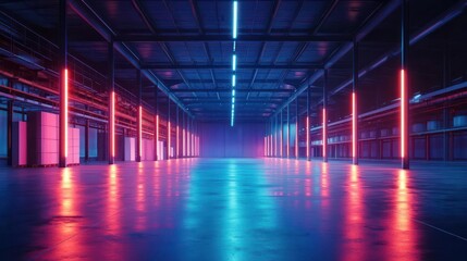 Neon-lit spacious warehouse, brightly illuminated for a vivid effect.