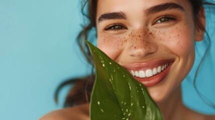 Joyful woman with a leaf promoting self-love and natural skincare against a blue backdrop, embodying health and wellness