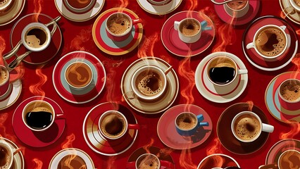 Seamless pattern with fresh coffee in cups and saucers on red background