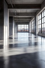 Spacious factory with a modern industrial look and polished concrete flooring.