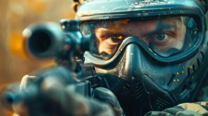 Paintball activity featuring a shooter aiming at a target, emphasizing combat training, teamwork, and strategic military exercises