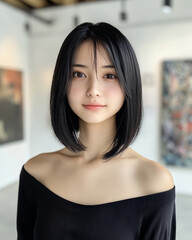 A 25-year-old East Asian woman with long, straight black hair and a warm, friendly expression, wearing a black off-the-shoulder top against a blurred background