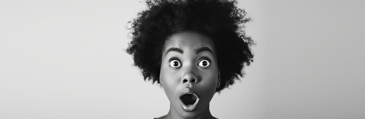 Portrait of Young dark-skinned woman with a surprised frightened expression and open mouth
