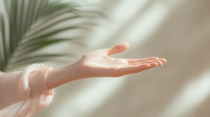 Naklejka premium Close-up of a hand raised in a stopping gesture, with a blurred figure in the background wearing light pink clothing, neutral gray backdrop,