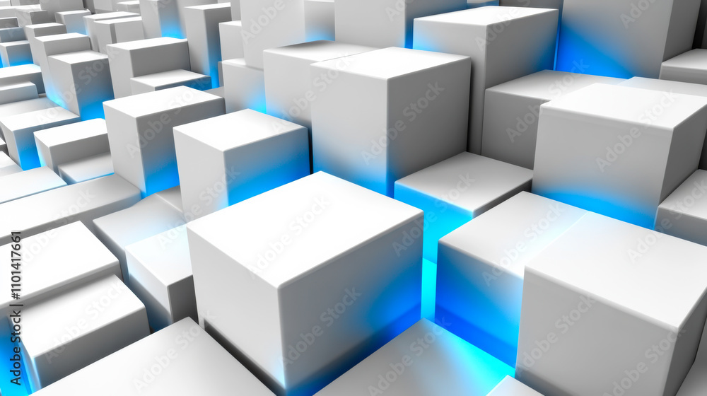 Poster abstract geometric arrangement of white blocks with blue lighting creating a modern digital appearan