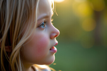 Blonde girl observing nature in golden hour sunlight