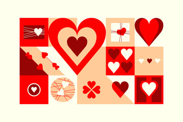 Bauhaus Valentine's day geometric pattern with simple shapes and icons in flat minimalist style. Modern vector ornament, collection of design elements