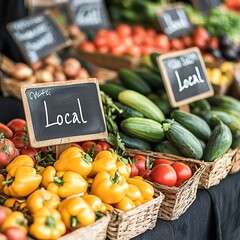 Fresh local produce displayed at market with signs
