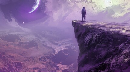 Fototapeta premium A lone astronaut stands on a cliff's edge, overlooking a vast alien landscape bathed in a purple hue. The distant planet and moon create a mysterious, futuristic atmosphere of isolation and