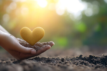 Fototapeta premium Golden Heart in Soil: Nurturing Growth and Environmental Love. A symbol of care, hope, and sustainable future. Plant a seed of kindness.