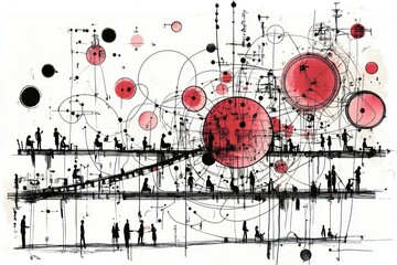 Obraz premium Abstract illustration depicting interconnected figures and geometric shapes in a dynamic composition.