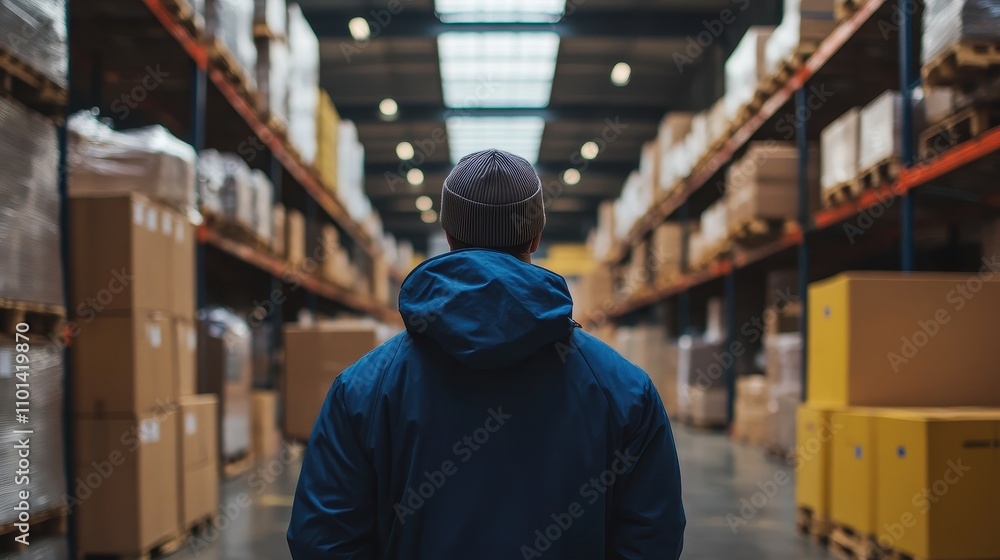 Poster warehouse worker navigating rows of shelves and boxes