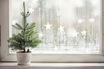 A small Christmas tree in a pot on a window, minimalistic Christmas wallpaper