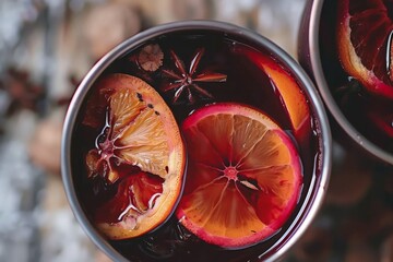 Red mulled wine in a pot with slices of orange, cinnamon stick, star anise close up. Food photography