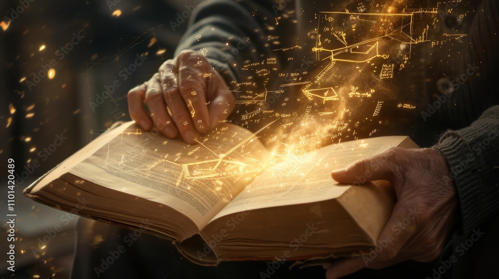 Poster a close-up of aged hands holding an open book emitting glowing mathematical formulas and diagrams. t