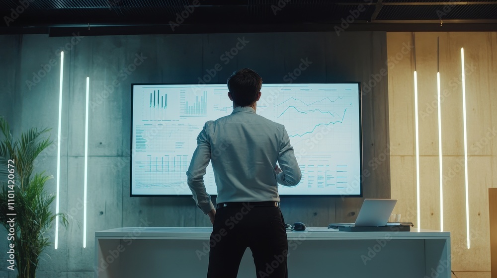 Poster businessman analyzing data on a large digital display screen