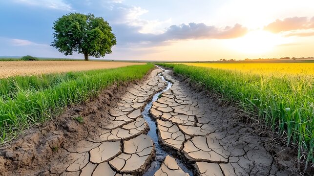 The countryside landscape was transformed by the relenting drought, with cracked, parched earth stretching out as far as the eye could see, the once lush green fields now dry and yellowed