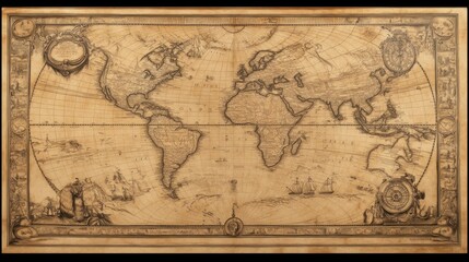 A historic map of the Americas with intricate details, vintage parchment texture, overlay of Columbus's route, antique aesthetics, sepia tones" 