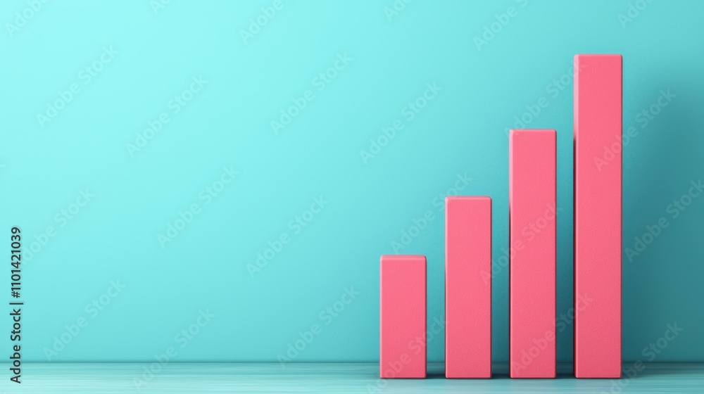Poster a visual representation of increasing data, featuring pink bar graphs against a teal background, sym