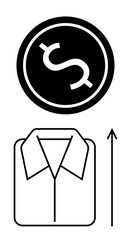 Coin and shirt with upward arrow. Ideal for finance, career growth, ambition, investment, entrepreneurship, economics, success Line metaphor