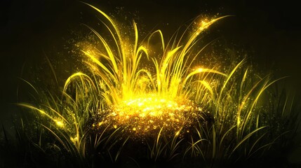 Fototapeta premium A glowing patch of grass radiating vibrant yellow light in a dark environment.