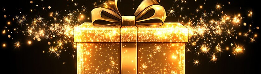 Obraz premium A sparkling golden gift box with a ribbon, surrounded by shimmering particles.