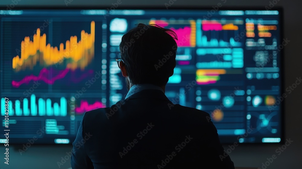 Poster silhouette of a person analyzing financial data on multiple screens