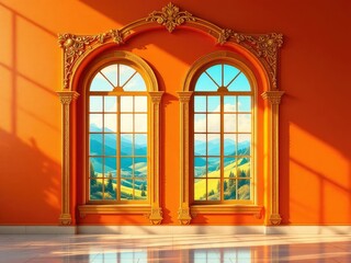 Fototapeta premium Orange wall, two windows, landscape view, AI art.
