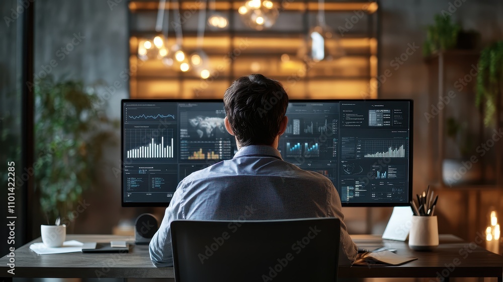 Poster data analyst examining financial data on multiple screens in home office