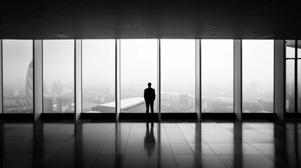 Fototapeta premium A minimalist photo of a lone businessperson standing in front of a massive window, looking out over a sunrise-lit cityscape, The image symbolizes vision and forward-thinking