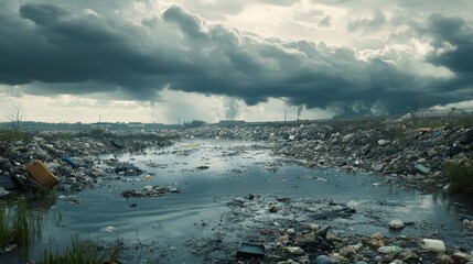 Obraz premium A flooded landfill after heavy rain, with garbage floating on water, toxic sludge, and gray clouds looming above 